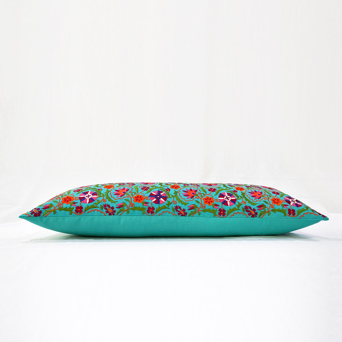 Turquoise Cotton Long Lumbar Pillow Cover with Multicolour Suzani Embroidery