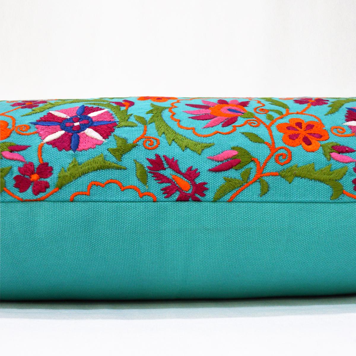 Turquoise Cotton Long Lumbar Pillow Cover with Multicolour Suzani Embroidery
