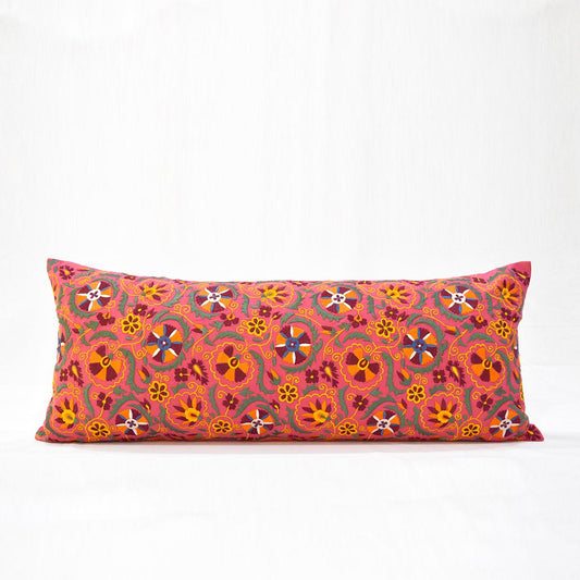 Coral Red Long Lumbar Pillow Cover with Multicolour Suzani Embroidery – Vibrant Cotton Cushion