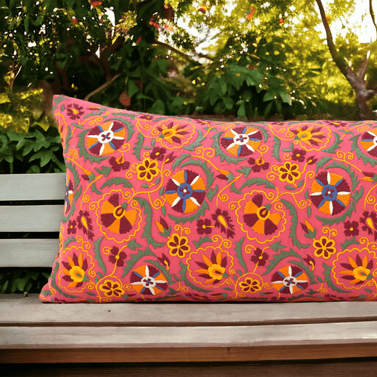 Coral Red Long Lumbar Pillow Cover with Multicolour Suzani Embroidery – Vibrant Cotton Cushion