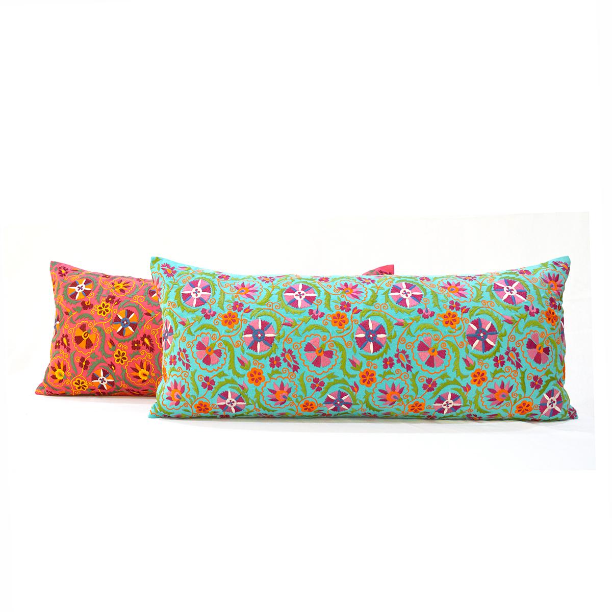 Turquoise Cotton Long Lumbar Pillow Cover with Multicolour Suzani Embroidery