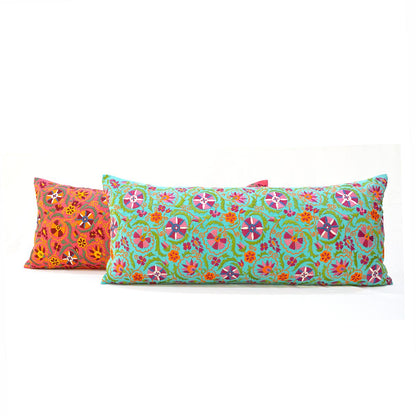 Turquoise Cotton Long Lumbar Pillow Cover with Multicolour Suzani Embroidery