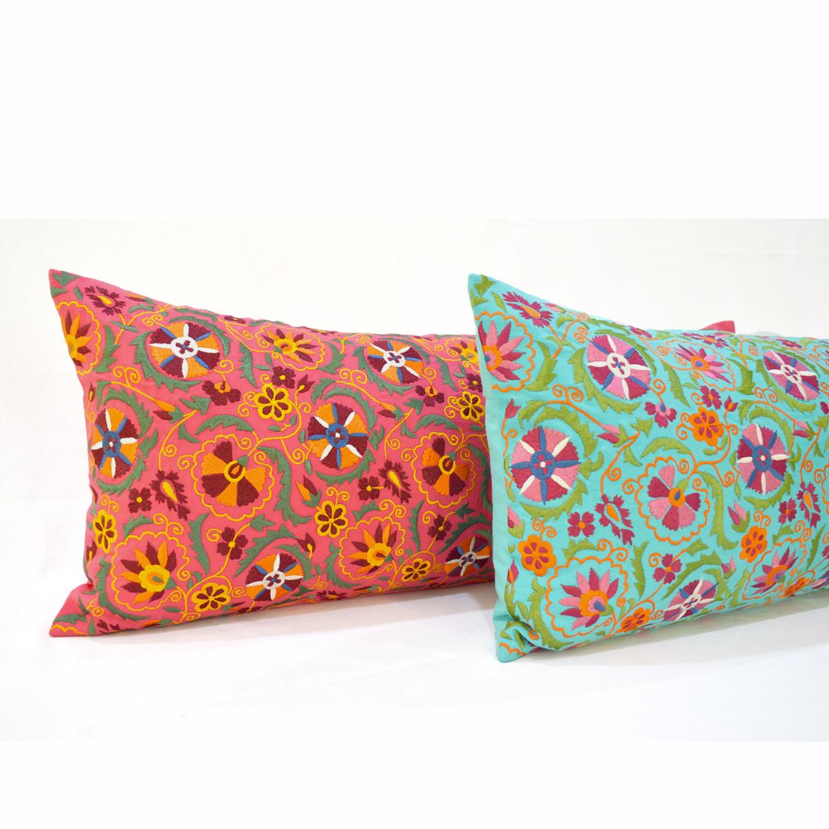 Turquoise Cotton Long Lumbar Pillow Cover with Multicolour Suzani Embroidery