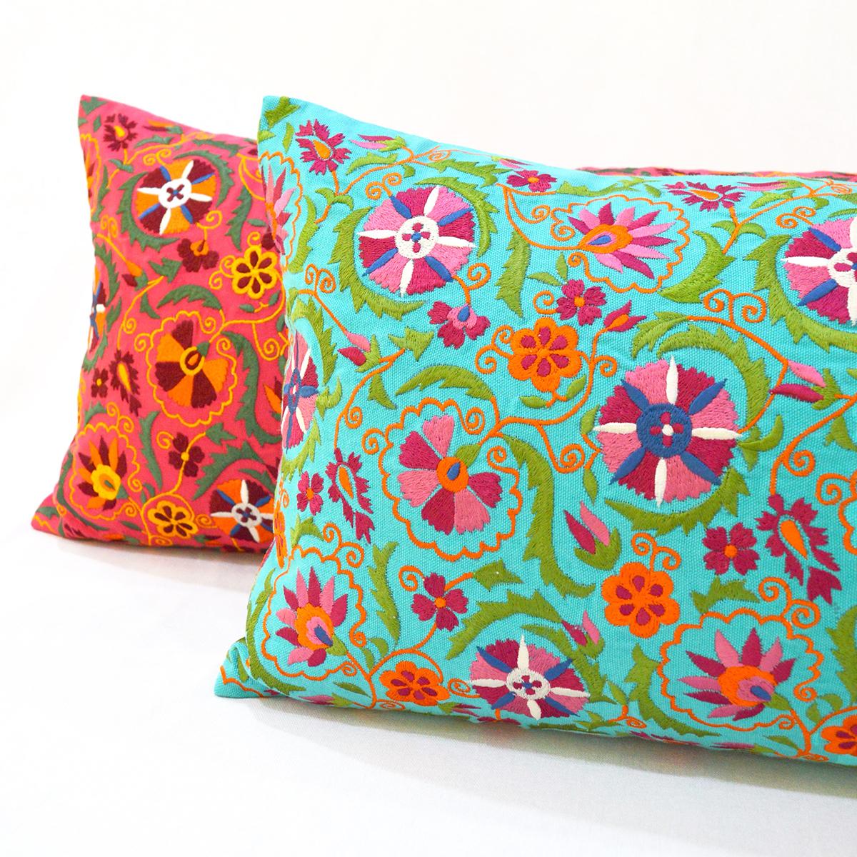 Turquoise Cotton Long Lumbar Pillow Cover with Multicolour Suzani Embroidery