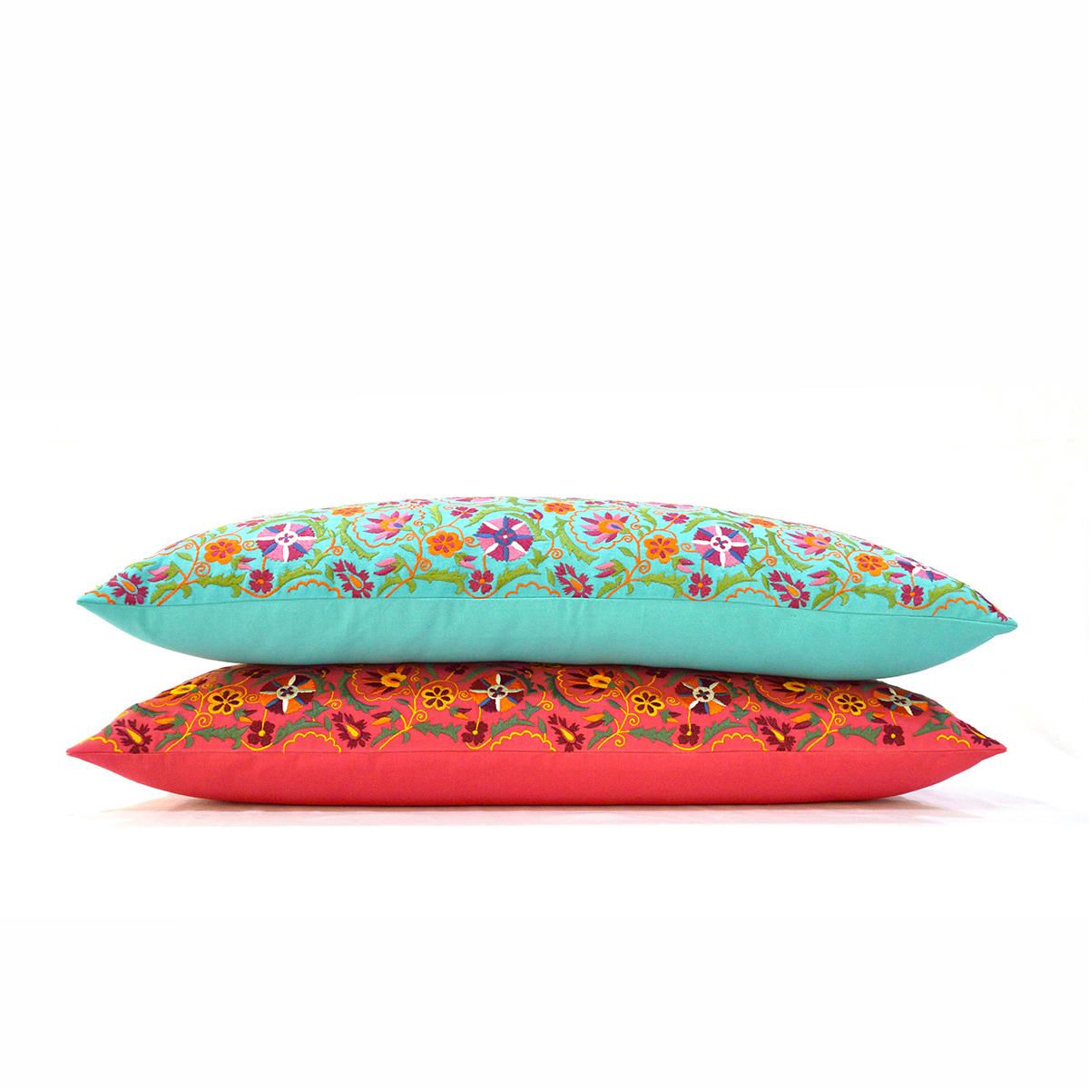 Turquoise Cotton Long Lumbar Pillow Cover with Multicolour Suzani Embroidery