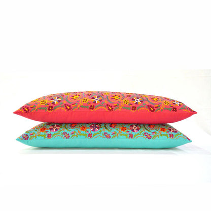 Coral Red Long Lumbar Pillow Cover with Multicolour Suzani Embroidery – Vibrant Cotton Cushion