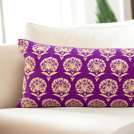 Plum Cotton Long Lumbar Pillow Cover with Suzani Silk Embroidery