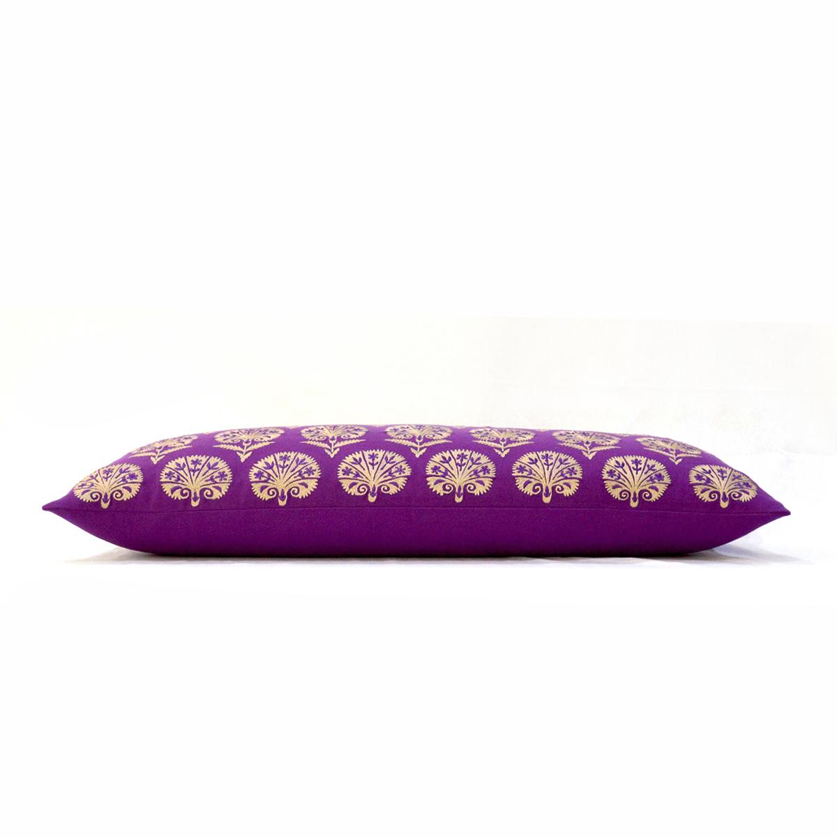 Plum Cotton Long Lumbar Pillow Cover with Suzani Silk Embroidery