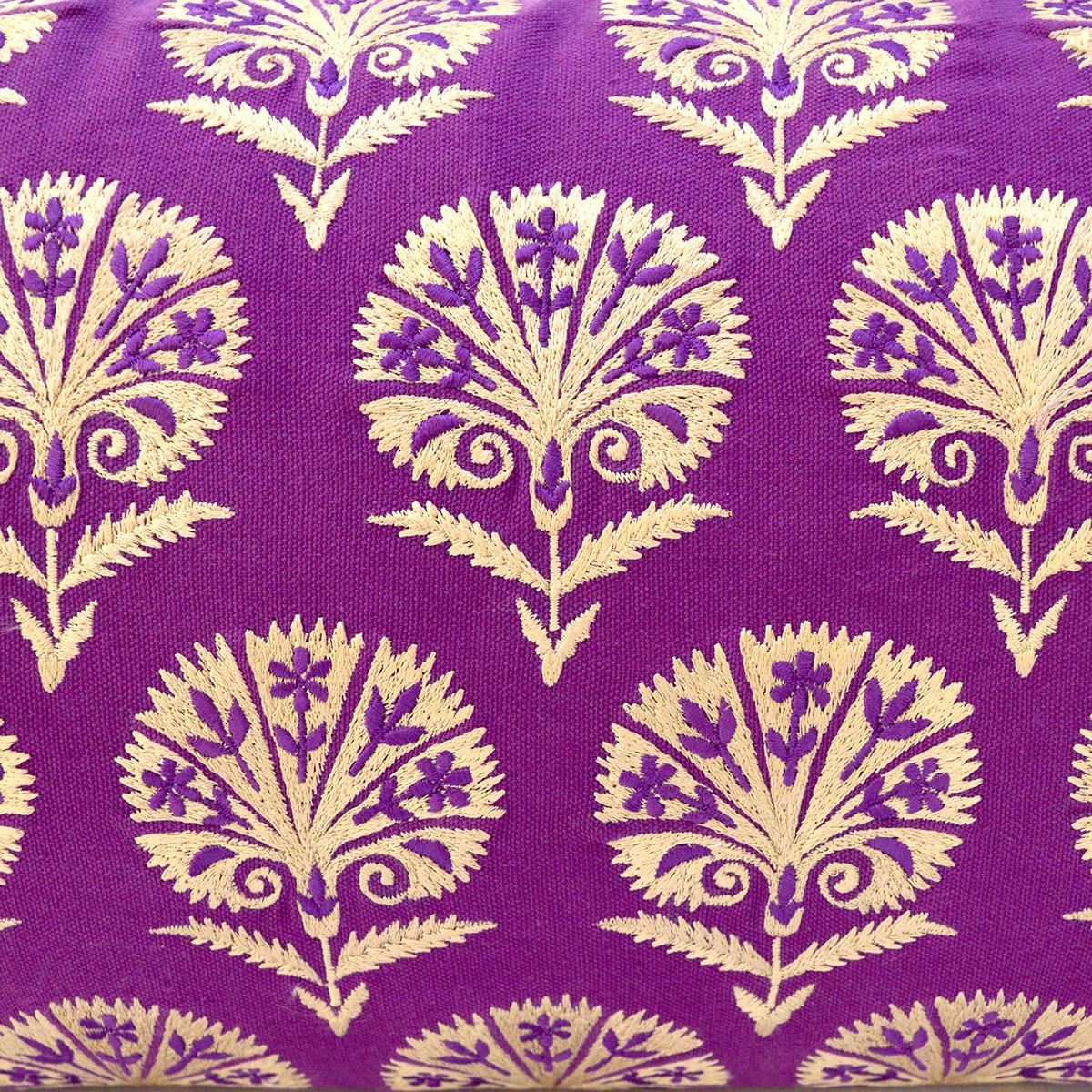 Plum Cotton Long Lumbar Pillow Cover with Suzani Silk Embroidery