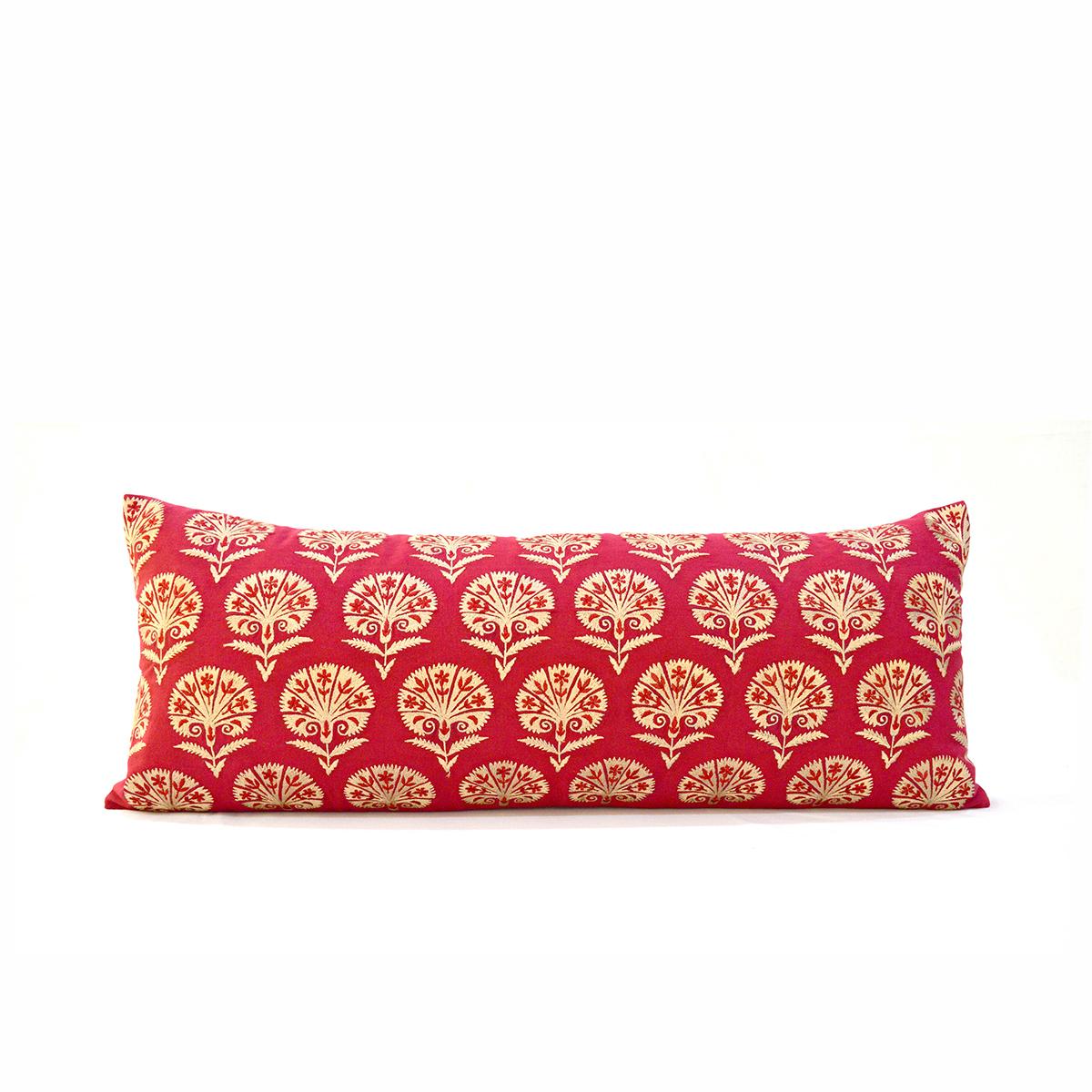 Red Cotton Lumbar Pillow Cover with Suzani Silk Embroidery