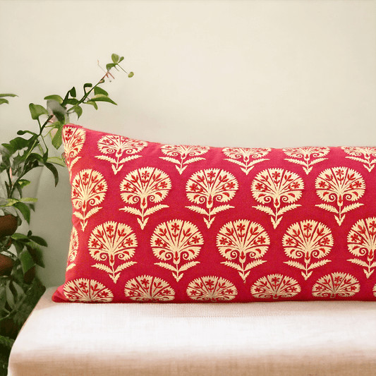 Red Cotton Lumbar Pillow Cover with Suzani Silk Embroidery