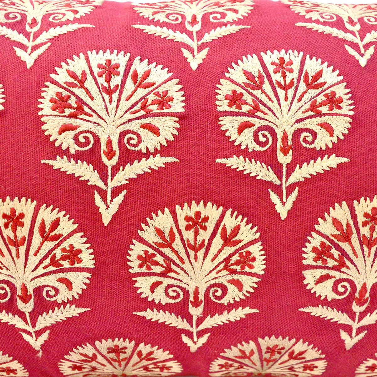 Red Cotton Lumbar Pillow Cover with Suzani Silk Embroidery