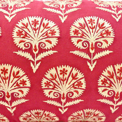 Red Cotton Lumbar Pillow Cover with Suzani Silk Embroidery