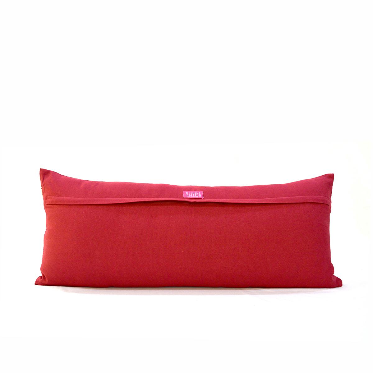 Red Cotton Lumbar Pillow Cover with Suzani Silk Embroidery