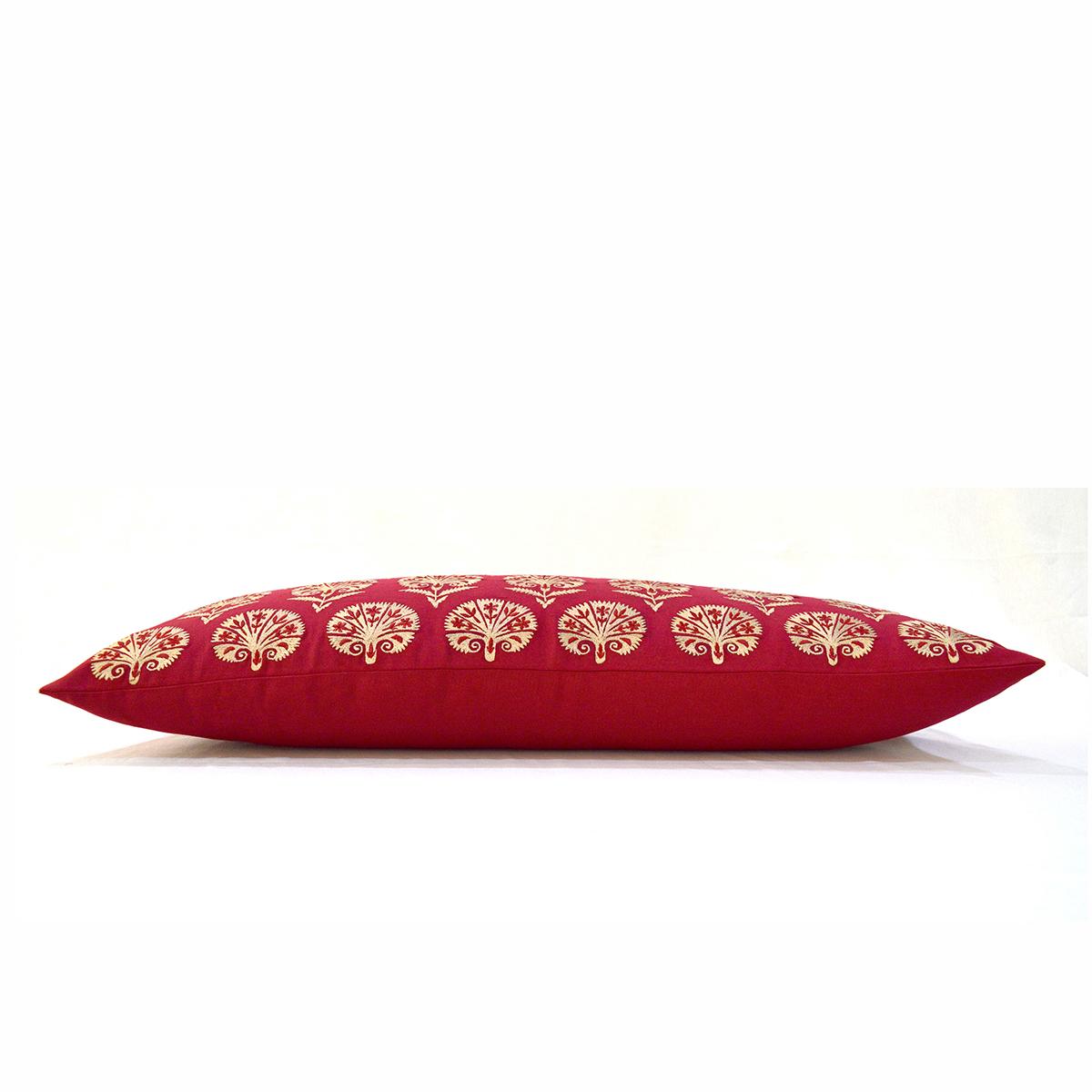 Red Cotton Lumbar Pillow Cover with Suzani Silk Embroidery
