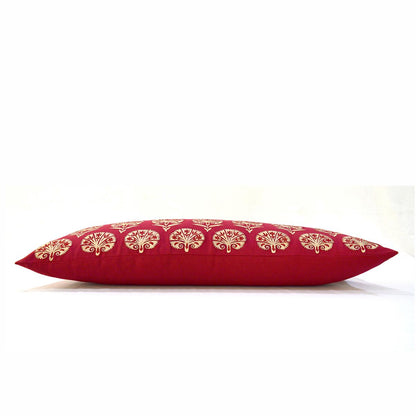 Red Cotton Lumbar Pillow Cover with Suzani Silk Embroidery