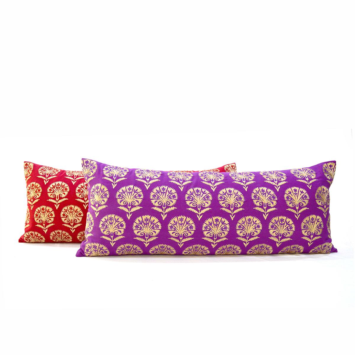 Plum Cotton Long Lumbar Pillow Cover with Suzani Silk Embroidery