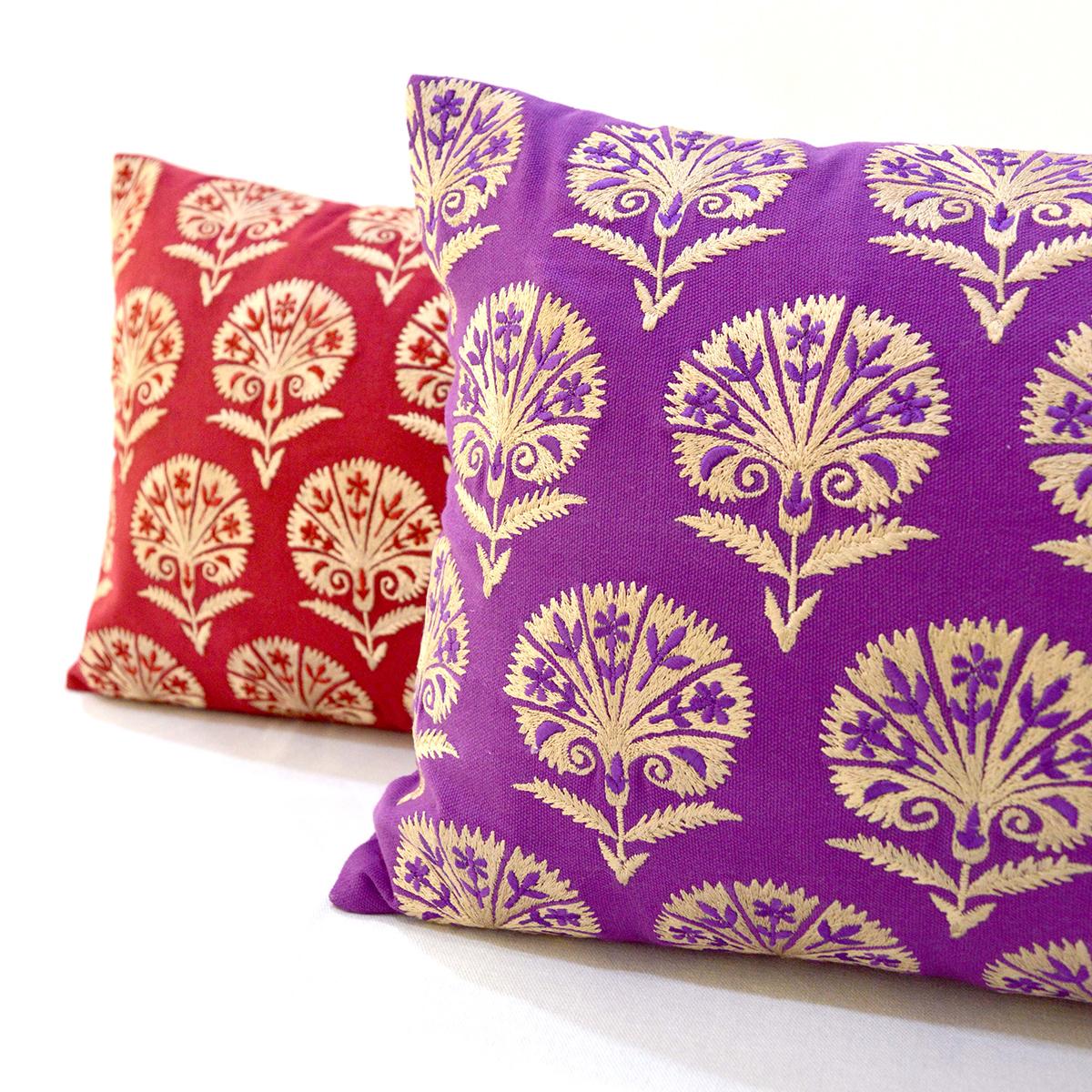 Plum Cotton Long Lumbar Pillow Cover with Suzani Silk Embroidery
