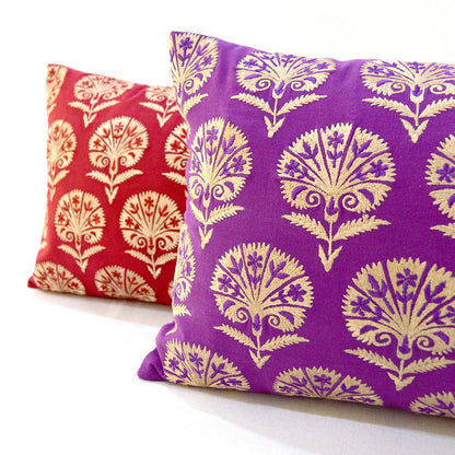 Plum Cotton Long Lumbar Pillow Cover with Suzani Silk Embroidery