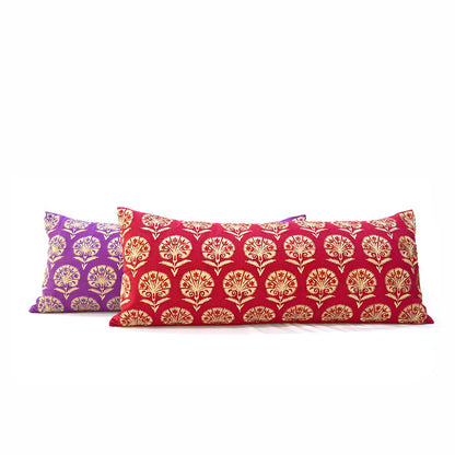 Red Cotton Lumbar Pillow Cover with Suzani Silk Embroidery