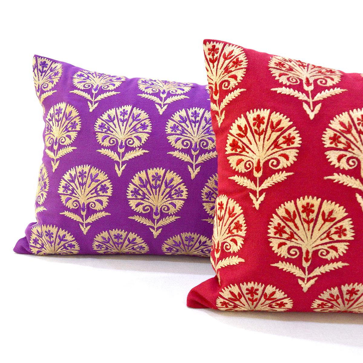 Red Cotton Lumbar Pillow Cover with Suzani Silk Embroidery