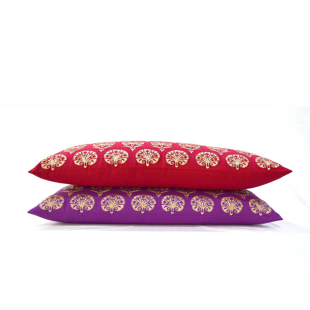 Red Cotton Lumbar Pillow Cover with Suzani Silk Embroidery