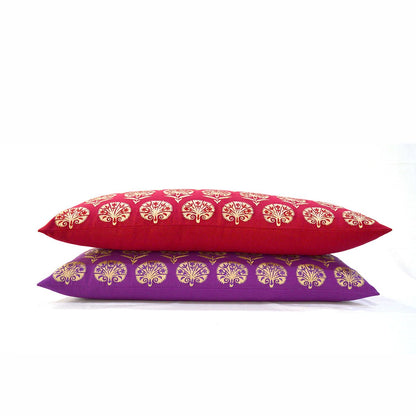 Red Cotton Lumbar Pillow Cover with Suzani Silk Embroidery