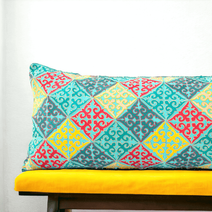 KASHIDAKAARI Turquoise Cotton Lumbar Pillow Cover with Shyrdak Embroidery
