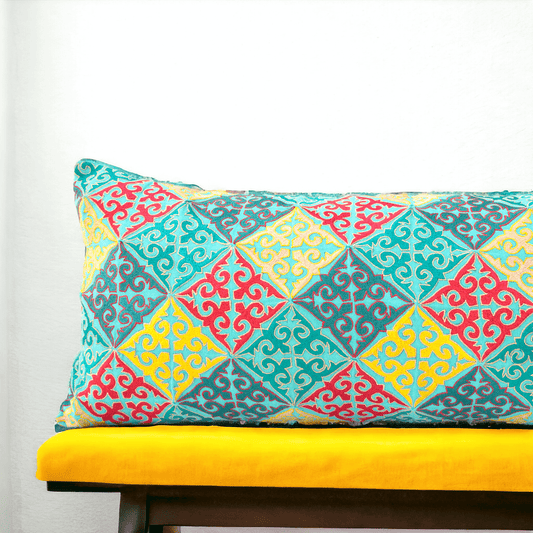 KASHIDAKAARI Turquoise Cotton Lumbar Pillow Cover with Shyrdak Embroidery