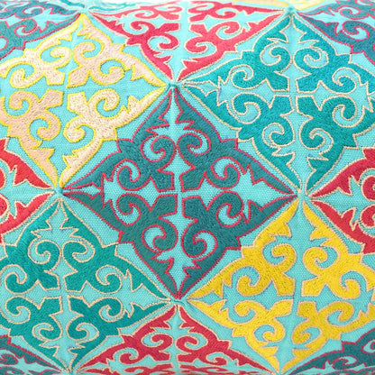 KASHIDAKAARI Turquoise Cotton Lumbar Pillow Cover with Shyrdak Embroidery