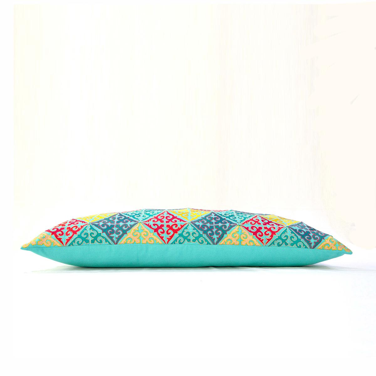 KASHIDAKAARI Turquoise Cotton Lumbar Pillow Cover with Shyrdak Embroidery