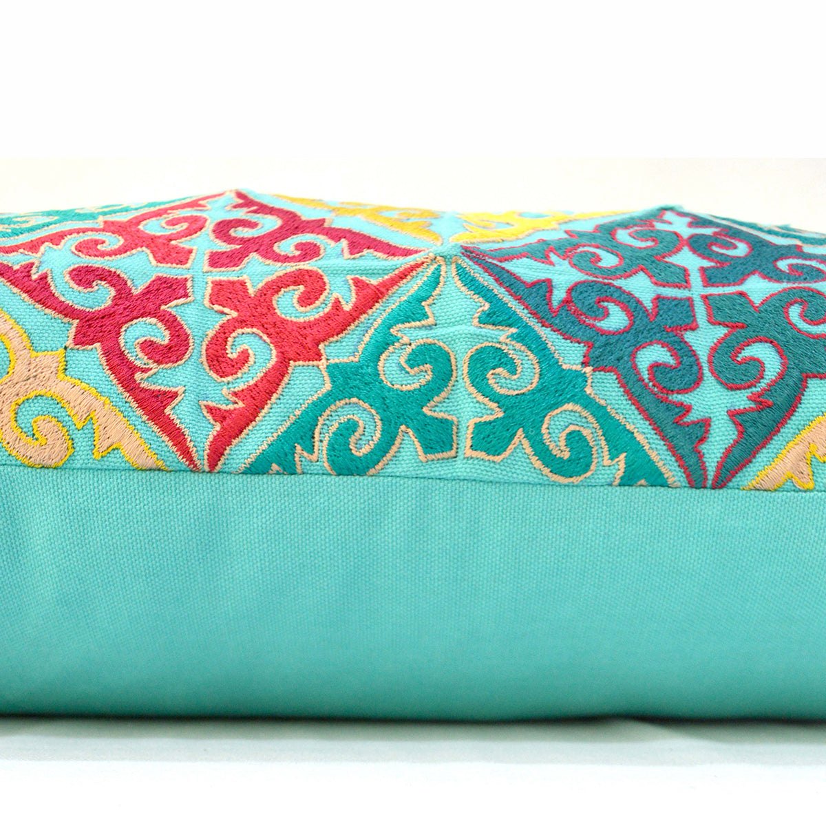 KASHIDAKAARI Turquoise Cotton Lumbar Pillow Cover with Shyrdak Embroidery