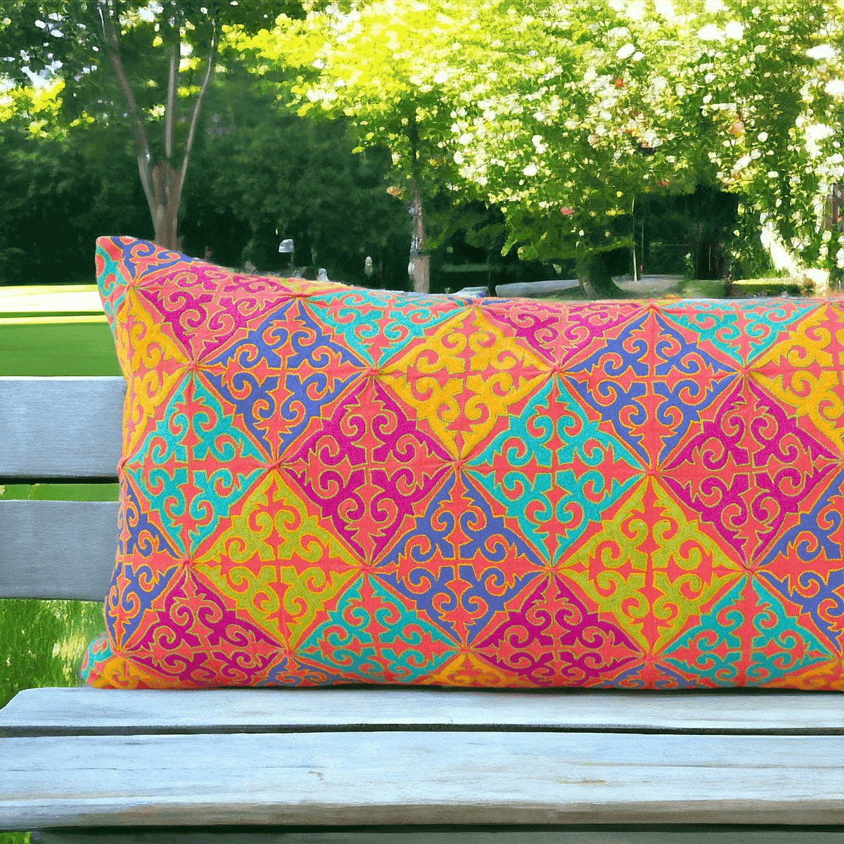 Kashidakaari Coral Red Shyrdak Embroidered Pillow Cover | Multicolour Silk Thread | Multiple Sizes