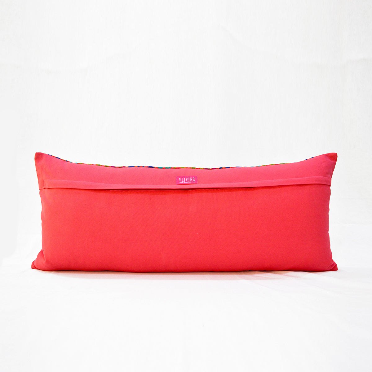 Coral Red Cotton Lumbar Pillow Cover with Shyrdak Embroidery