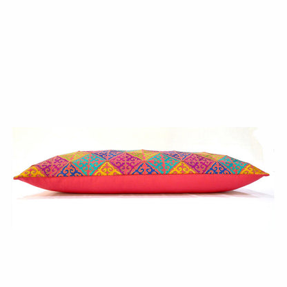 Coral Red Cotton Lumbar Pillow Cover with Shyrdak Embroidery