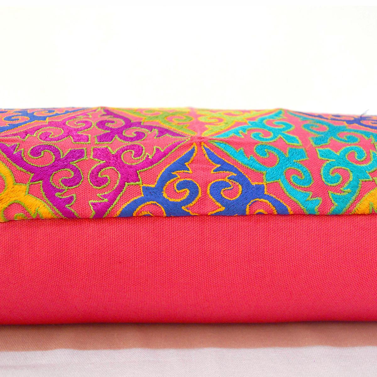 Coral Red Cotton Lumbar Pillow Cover with Shyrdak Embroidery