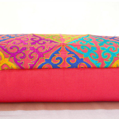 Coral Red Cotton Lumbar Pillow Cover with Shyrdak Embroidery