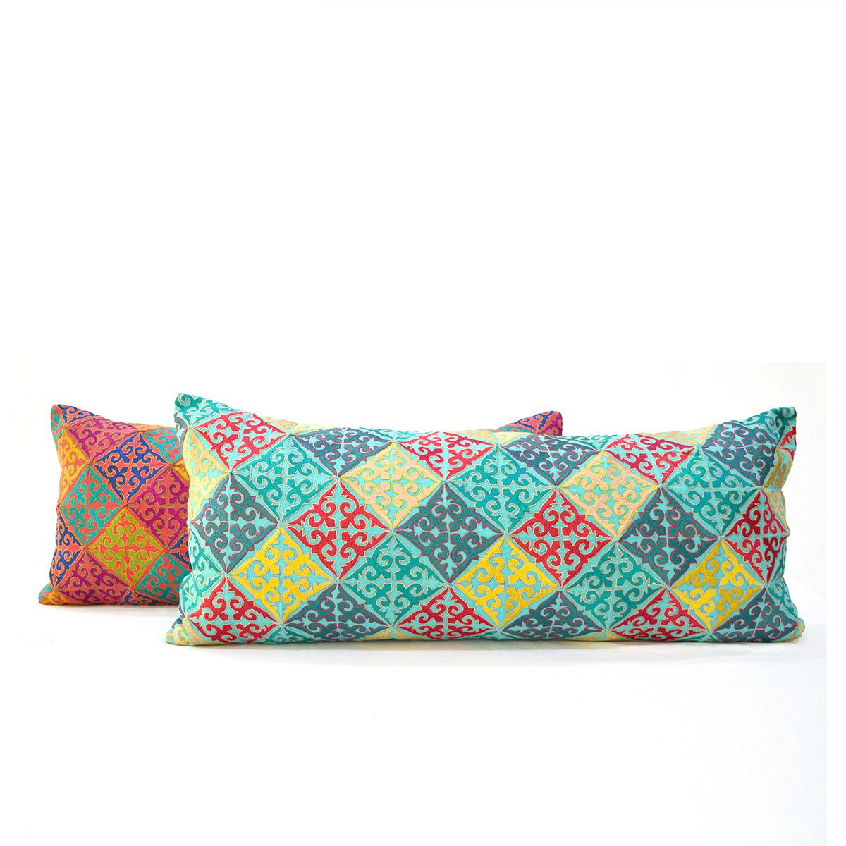 KASHIDAKAARI Turquoise Cotton Lumbar Pillow Cover with Shyrdak Embroidery