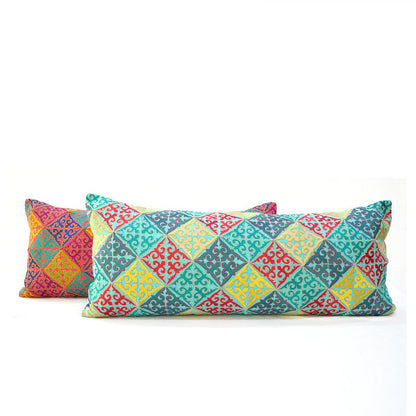 KASHIDAKAARI Turquoise Cotton Lumbar Pillow Cover with Shyrdak Embroidery