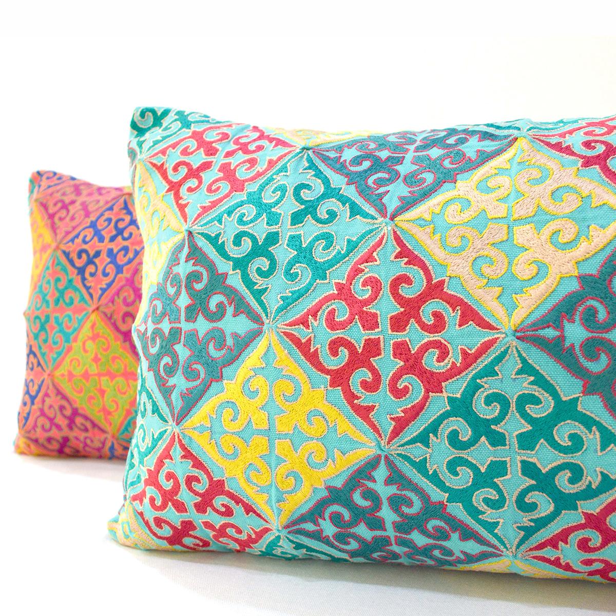 KASHIDAKAARI Turquoise Cotton Lumbar Pillow Cover with Shyrdak Embroidery