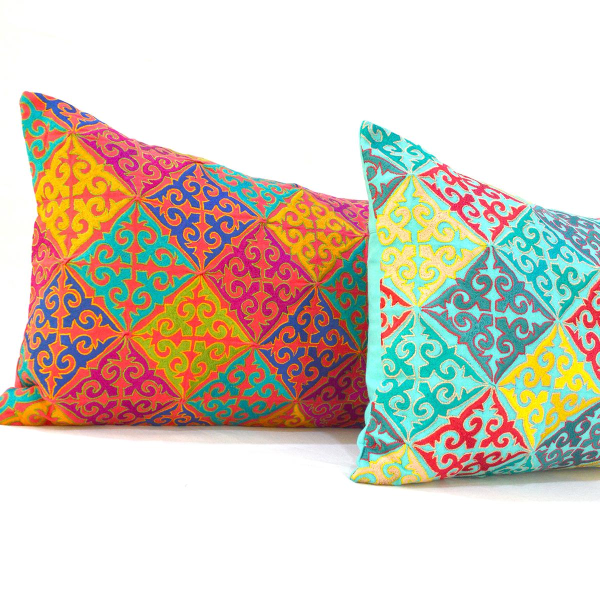 KASHIDAKAARI Turquoise Cotton Lumbar Pillow Cover with Shyrdak Embroidery