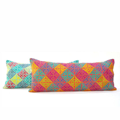 Coral Red Cotton Lumbar Pillow Cover with Shyrdak Embroidery