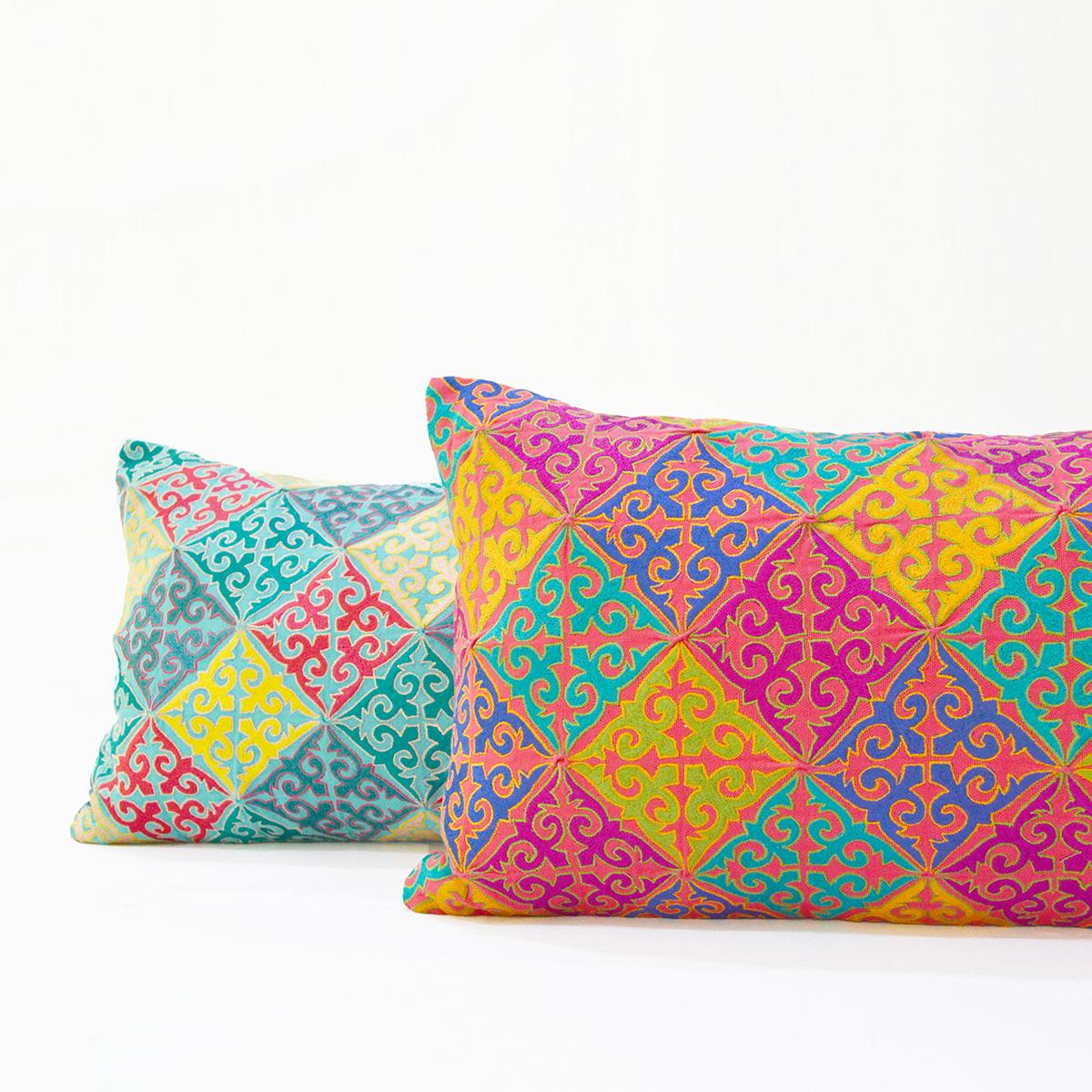 Coral Red Cotton Lumbar Pillow Cover with Shyrdak Embroidery