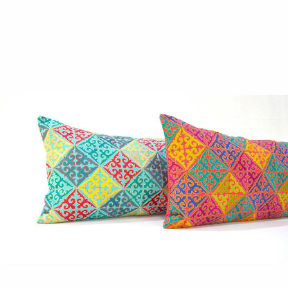 Coral Red Cotton Lumbar Pillow Cover with Shyrdak Embroidery