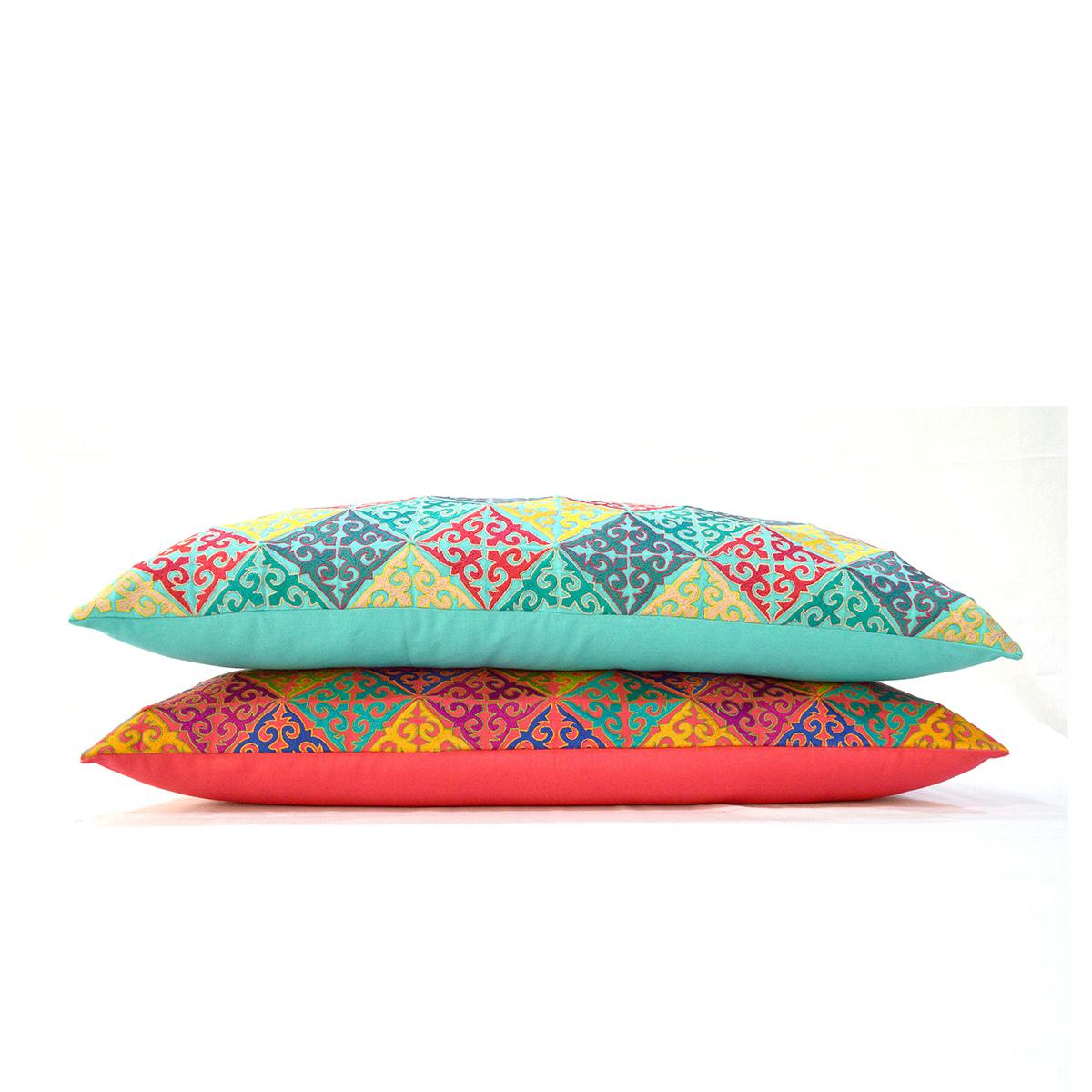 KASHIDAKAARI Turquoise Cotton Lumbar Pillow Cover with Shyrdak Embroidery