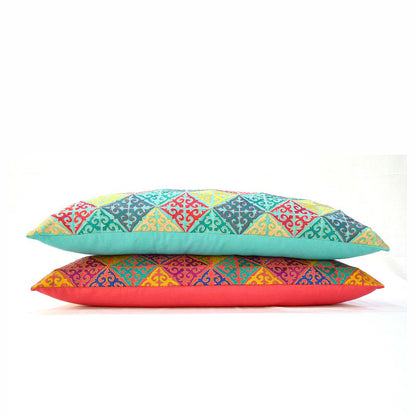 KASHIDAKAARI Turquoise Cotton Lumbar Pillow Cover with Shyrdak Embroidery