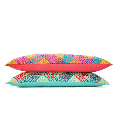 Kashidakaari Coral Red Shyrdak Embroidered Pillow Cover | Multicolour Silk Thread | Multiple Sizes