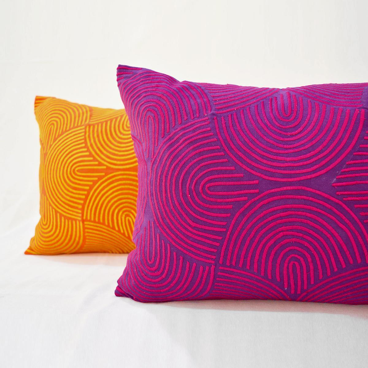 Kashidakaari Plum Cotton Lumbar Pillow Cover Hot Pink Ogee Embroidery