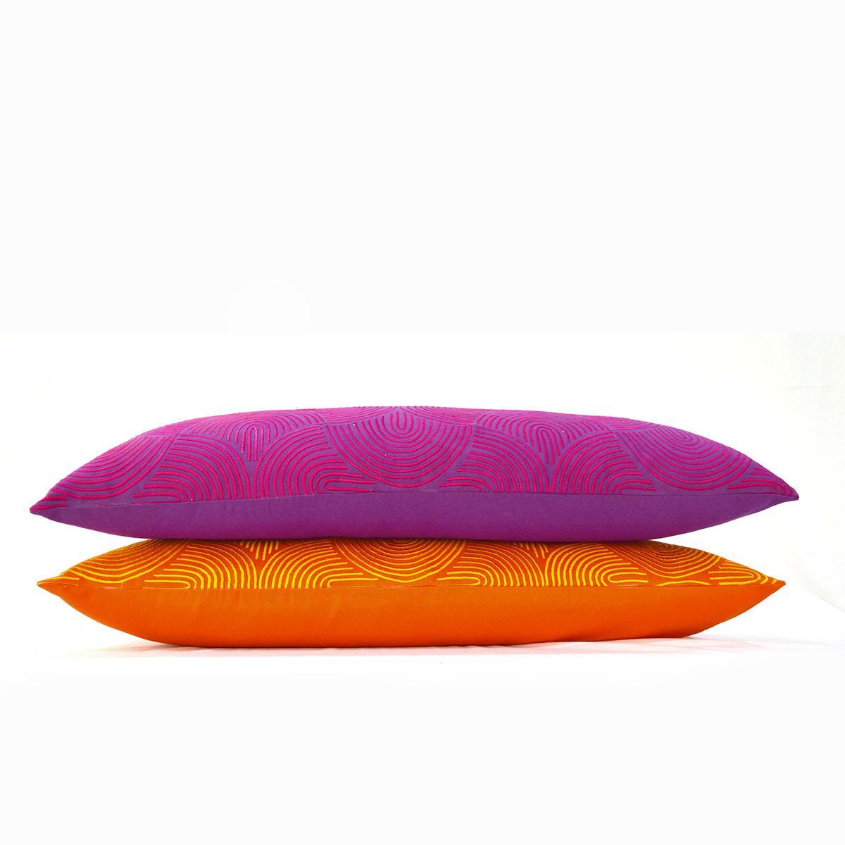 Kashidakaari Plum Cotton Lumbar Pillow Cover Hot Pink Ogee Embroidery