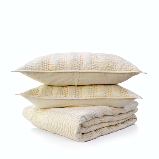 Beige Linen Quilted Bed Set | Stripe Pattern Hand Quilted | Twin, Queen & King Sizes